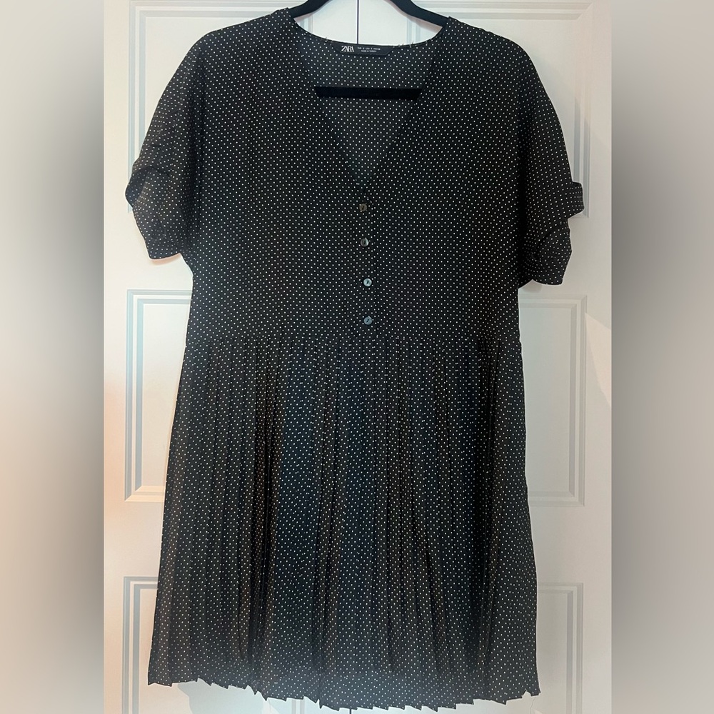 Zara Black White Polka Dot Pleated Mini Dress V-Neck – Size S